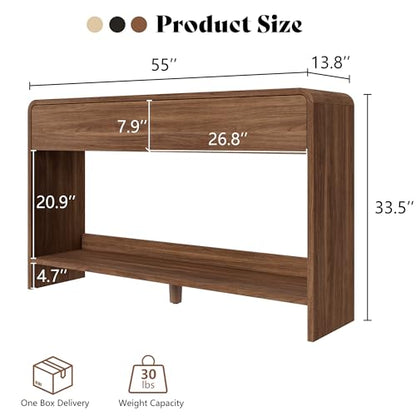 AMERLIFE 55" Modern Entryway Console Table with 2 Storage Drawers | Open Bottom Shelf, Wood Grain Finish, Rounded Edges, Long Sofa Table, Behind Couch, Hallway, Foyer, Living Room, Brown - color: Brown - Flat Panel, size: 55"