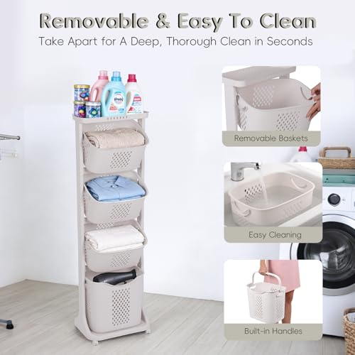 GCCSJ 4-Tier Rolling Laundry Hamper Sorter with Wheels, 95L Capacity & Removable Mesh Baskets, Foldable Storage Organizer Cart for Bedroom, Bathroom, Laundry Room (17.32"x13.1"x54.72")