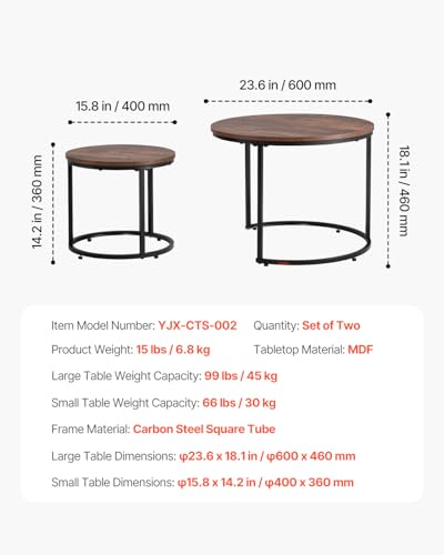 VEVOR Nesting Tables, Coffee Table Set of 2, 23.6 inch Round Coffee Table, Small Coffee Tables Night Stand with Metal Frame, for Living Room, Bedroom, Office (Brown & Black) - color: Brown