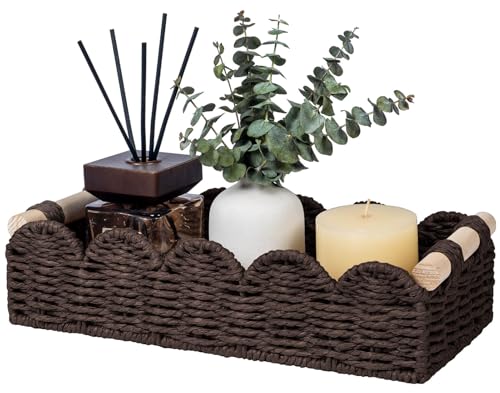 CubesLand Toilet Paper Storage Basket Organizer, Small Wicker Decor Basket | Toilet Tank Top Decorative Basket for Countertop, Handwoven Scalloped Basket W/Handle for Home Decor Living Room, Brown - color: Brown, size: s - 12.99 X 6.3 X 3.15in