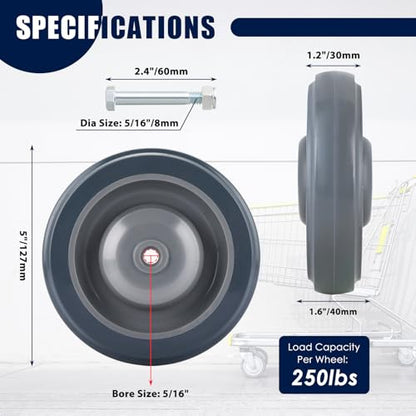 MAOPINER 8 Pack 5" Shopping Cart Wheels, TPU Casters with Screws, Grey | Ball Bearing Replacement Wheels for Grocery, Supermarket and Utility Carts, Polyurethane Tread Casters for Smooth Rolling