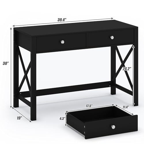 WiberWi Home Office Desk with Drawers, Modern Writing Computer Desk for Bedroom, Small Makeup Vanity Table Study Table for Home Office,Black - color: Black