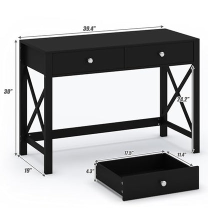 WiberWi Home Office Desk with Drawers, Modern Writing Computer Desk for Bedroom, Small Makeup Vanity Table Study Table for Home Office,Black - color: Black