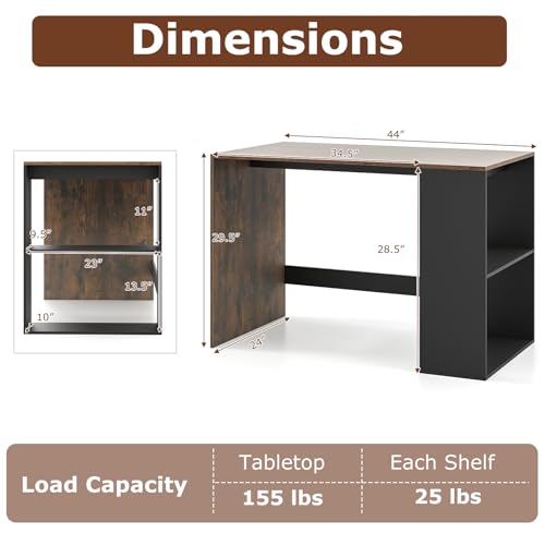 Giantex Small Desk with Bookshelf, 44 Inch Modern Computer Desk for Small Spaces, Laptop PC Desk, Vanity Table for Bedroom, Study Writing Desk for Home Office (Black+Rustic Brown) - color: Black+rustic Brown