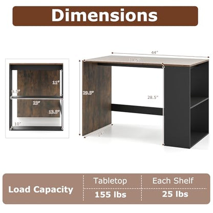 Giantex Small Desk with Bookshelf, 44 Inch Modern Computer Desk for Small Spaces, Laptop PC Desk, Vanity Table for Bedroom, Study Writing Desk for Home Office (Black+Rustic Brown) - color: Black+rustic Brown