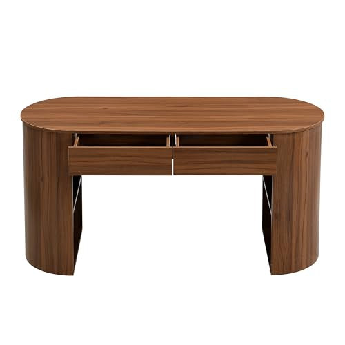 Modern MDF Office Desk with 2 Drawers & Open Shelves, Half-Cylinder Base Computer Table, Sleek Long-Lasting Workstation for Home Office, Study, or Bedroom, Stylish Storage Writing Desk, Dark Walnut