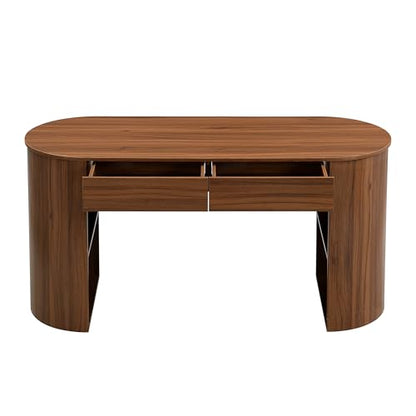 Modern MDF Office Desk with 2 Drawers & Open Shelves, Half-Cylinder Base Computer Table, Sleek Long-Lasting Workstation for Home Office, Study, or Bedroom, Stylish Storage Writing Desk, Dark Walnut
