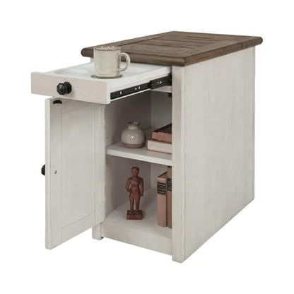 Signature Design by Ashley Bolanburg Farmhouse Chair Side End Table, 2 USB Ports, Pull-out Tray, Wood, 14" W x 24.25" D x 23" H, Antique Cream & Brown - color: Whitewash