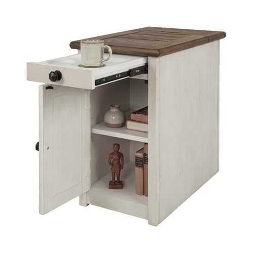 Signature Design by Ashley Bolanburg Farmhouse Chair Side End Table, 2 USB Ports, Pull-out Tray, Wood, 14" W x 24.25" D x 23" H, Antique Cream & Brown - color: Whitewash