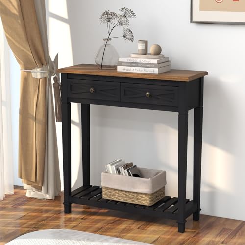 Kinpaw Narrow Console Table with Storage- Black Entryway Table, Small Sofa Table with Drawer & Storage Shelf for Hallway, Entryway, Foyer, Behind Couch, Living Room Furniture, Wood - color: Black-2 Drawers