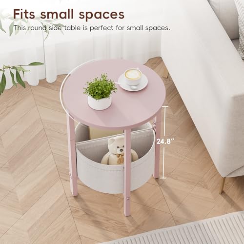 Vagusicc Small Round Side Table, Accent End Table with Storage Basket, Set of 2 Half Round Coffee Table End Table, Half Moon Bedside Table, Modern Nightstand Couch Table for Living Room Bedroom, Pink - color: Pink
