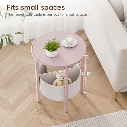 Vagusicc Small Round Side Table, Accent End Table with Storage Basket, Set of 2 Half Round Coffee Table End Table, Half Moon Bedside Table, Modern Nightstand Couch Table for Living Room Bedroom, Pink - color: Pink