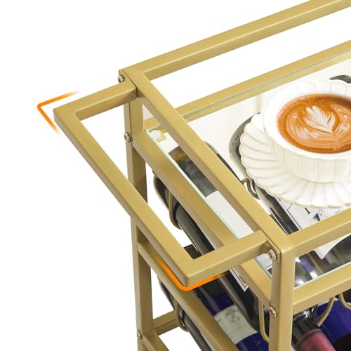 MAHANCRIS Bar Cart for Home, 3-Tier Serving Cart with Wheels and Handle, Beverage Cart with Wine Rack and Glass Holders, Rolling Wine Cart for Kitchen, Dining Room, Gold RCJ61B01 - size: 24.8''L x 11''W x 32''H