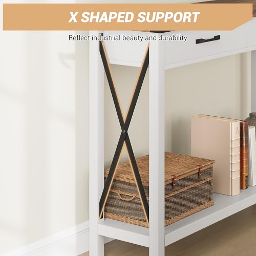 Klaesio 31-inch Side Table Suitable for Entrances, Hallways, and Living Rooms Two-Tier Narrow Sofa Side Table Industrial-Style Entrance Table with Drawers and Open Storage Shelves - White + Brown - color: White