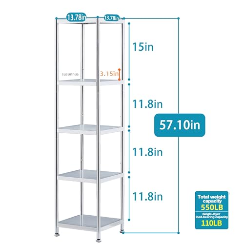 susunnus Stainless Steel Shelves 13.8in-5 Tier, Corner Shelf, Storage Shelves, Narrow Metal,Stainless Steel Shelf, Kitchen Storage Rack for Small Spaces Tall Skinny Shelf - size: 13.8in*13.8in-5T