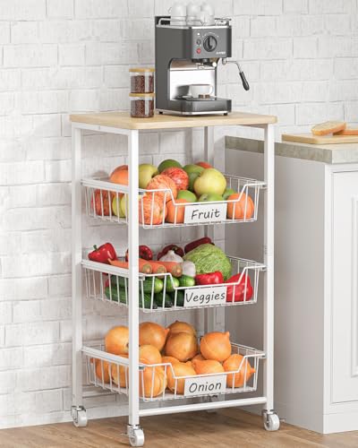 CHLORYARD Fruit Vegetable Basket for Kitchen Pantry Storage Organizer, 4-Tier Metal Utility Kitchen Rolling Cart on Wheels with Drawer Rack and Wood Top for Potatoes Onions - color: White, size: 4 Tier