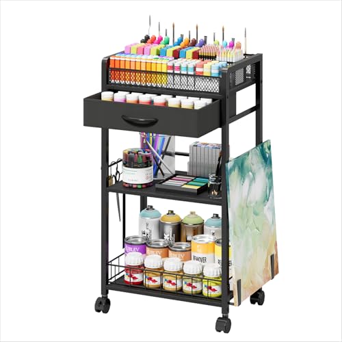 3 Tier Rolling Cart - Metal Utility Cart with Storage Drawer and Wheels, Versatile Art & Craft Organizer for Home, Office, or Studio Ideal for Storing Brushes, Paints, and Supplies Black - color: Black