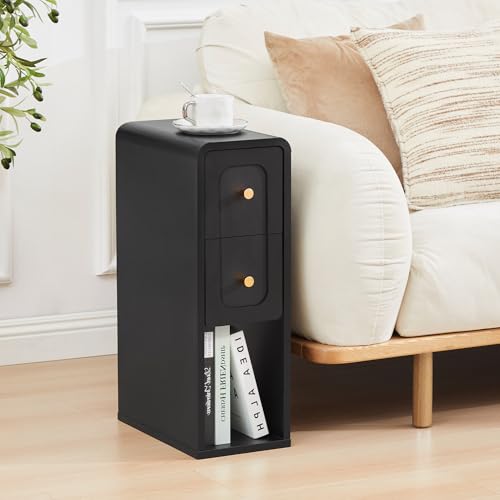 Narrow Nightstand with 2 Drawers, Small Bedside Tables, Mid-Century Modern Slim Night Stand with Storage, Wooden End Table for Small Spaces, Bedroom, Living Room (Black-1PCS) - color: Black-1pcs, size: 2 Drawers