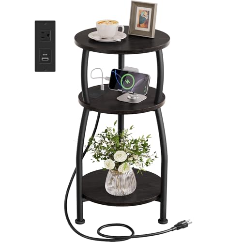 Round Side Table with Charging Station, Small Spaces Nightstand | 3-Tier End Table Beside Sofa Couch, Type C & USB Ports, Small Accent Table for Living Room, Bedroom, Dorm, Black - color: Black, size: 11.8''Dia with Power Strip
