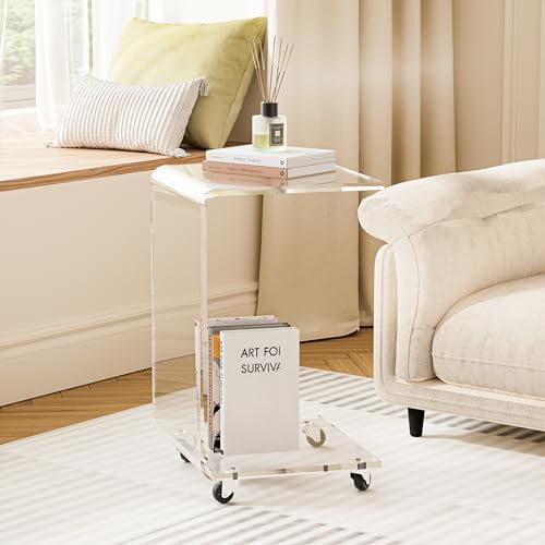 C-Shape Acrylic Side Table with Wheels,13.8" L x 13" W x 22" H x 1/2" Thick Clear End Table,Transparent Nightstand with Waterfall Edges,Modern Lucite Side Table for Living Room - size: 13.8" L x 13" W x 22" H