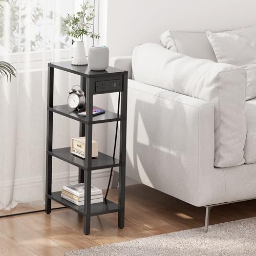 TUTOTAK Narrow Side Table Set of 2, Small End Table with Charging Station | 4-Tier Skinny Sofa Table, Slim Nightstand, Easy Assembly for Living Room, Bedroom, Black TB01BK0802 - color: Black, size: 4-tier