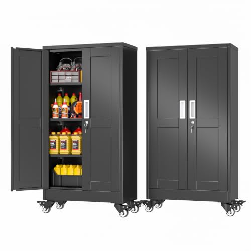 PAOFIN Metal Garage Storage Cabinet with Wheels,Steel File Cabinets with 2 Doors and 3 Adjustable Shelves for Home Office, Warehouse, Required Assembly,Black - color: Black, size: 45.6"