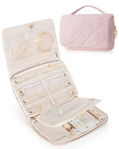 Marscamd Travel Jewelry Organizer Case, Foldable Jewelry Bag, Pink | with Multi Pockets for Earrings, Rings, Necklaces, Bracelets, Brooches - color: Pink