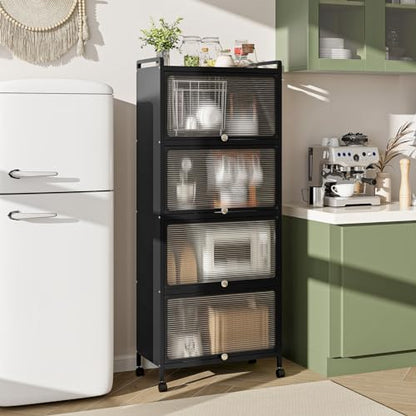 LDAILY 5-Tier Kitchen Storage Cabinet, Mobile Microwave Stand with Metal Frame, Double Anti-toppling Device, 4 Rolling Casters, Freestanding Bakers Rack for Kitchen, Dining Room, Living Room (Black) - color: Black