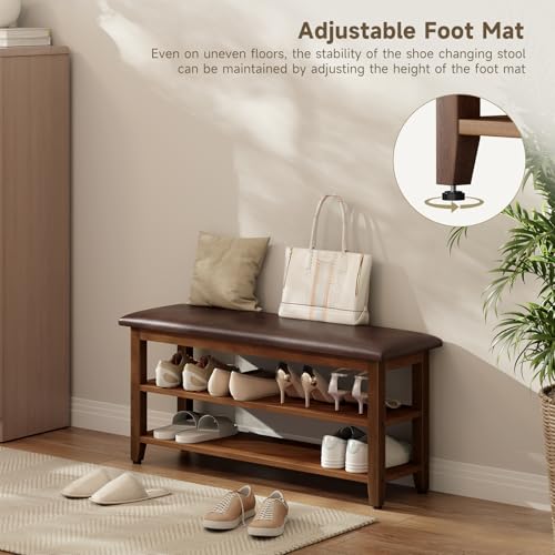 Shoe Bench with Leather Cushion,Rubberwood Bench with Shoe Rack | 2-Tier Shoe Storage Organizer for Entryway,Hallway,Living Room - size: 2-Tier-39.4"