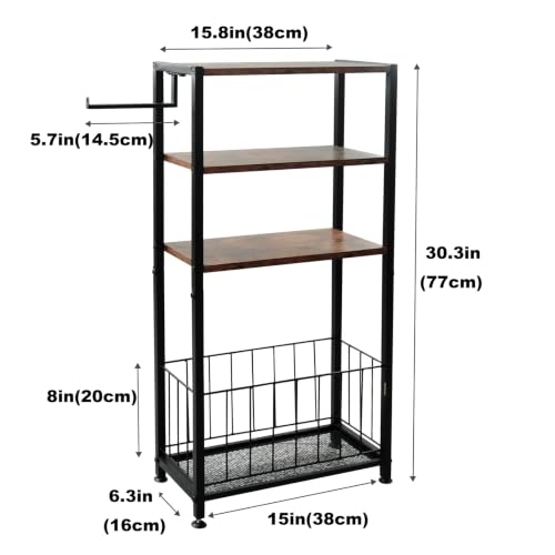 Freestanding Toilet Paper Holder with Storage Wood Shelf Adjustable Feet Bathroom Toilet Paper Stand Holder with Extra Roll Storage Basket Narrow Side Tissue Holder For Bathroom Laundry Room Apartment