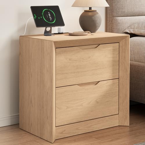 YANSNWO Natural Oak Nightstand with Charging Station, 23.6" Modern Bedside Table with Thickened Frame & Unique Panel, Mid Century Wood End Table for Bedroom, Living Room - color: Natural Oak, size: 15.6"D x 23.6"W x 23.6"H (2 Drawers)