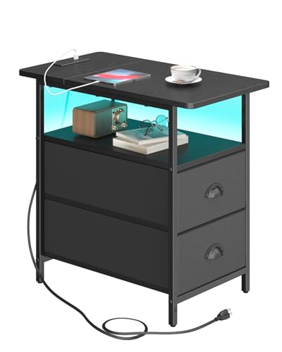 sthmec End Table with Charging Station, Narrow Side Table with 2 Drawers, LED Nightstands with Drawers, USB Ports & Power Oulets,Slim Sofa Side Tables for Small Spaces,Living Room,Bedroom, Black - color: Black, size: 11.75'' W x 21'' D x 24.3'' H, style: