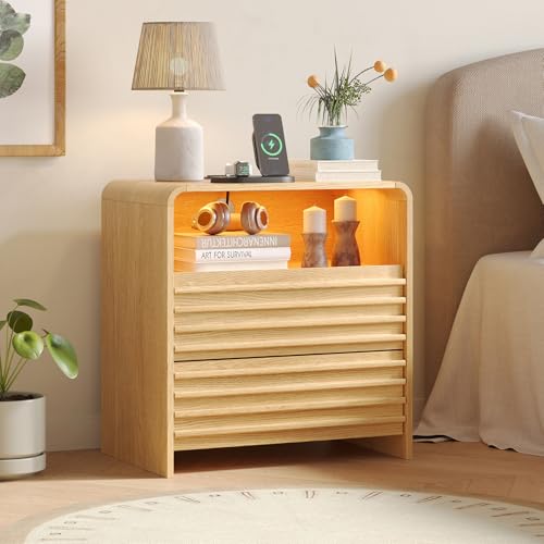Fameill Fluted Nightstands,Nightstand with Charging Station,LED Night Stand with Two Drawers,Bedside Table with USB Ports and Outlets,Modern End Table for Bedroom (Burly Wood) - color: Burly Wood