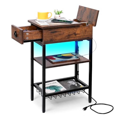 Narrow Nightstand with LED Light, End Tables Bedroom with Charging Station, LED Side Table Living Room with Drawer Storage, Small Bedside Table with Ports and Outlets for Gaming Room - color: Rustic Brown With Light, style: Modern