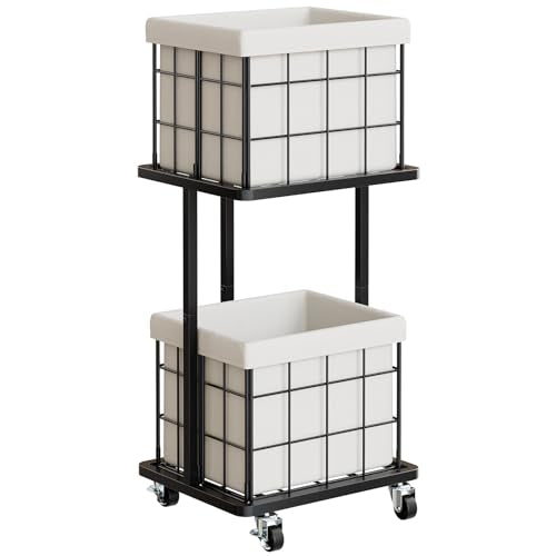 80L Vertical Laundry Sorter, 2 Tier Metal Rolling Laundry Basket | Slim Tall Laundry Hamper 2 Section with wheels and 2 Removable Bags for Small Spaces, Dorm, Bathroom, Laundry Room, White - color: White, size: 2 Tier