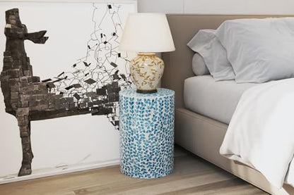 PEMAR Mother of Pearl Inlaid Cylinder Drum End Table Nacre Capiz Shell Side Table Stool Drum Accent Table Coffee Bedside Side Table Round Nightstand and Vanity Stool (Teal Floral) - color: Teal Floral