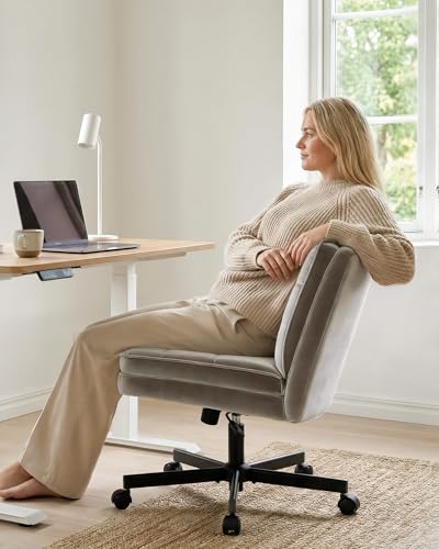 COMHOMA Cross Legged Office Chair with Wheels Armless-Office Desk Chair, Modern Vanity Computer Task Chairs for Home Bedroom, Comfortable Wide Seat for Lower Back Pain Relief, Soft Velvet, Gray - color: Gray Velvet