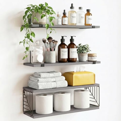 Fixwal 3+1 Tier Bathroom Floating Shelves Over Toilet, Gray | Gray Wood Shelf Set with Toilet Paper Storage Basket, Natural Finish, 40Lb Weight Limit, Quick Mount, Versatile - color: Grey