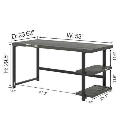 EXCEFUR Industrial Computer Desk, Home Office Desk with Storage Shelves, Wood Study Writing Table for Bedroom, Living Room, Grey, 53 Inch - color: Grey