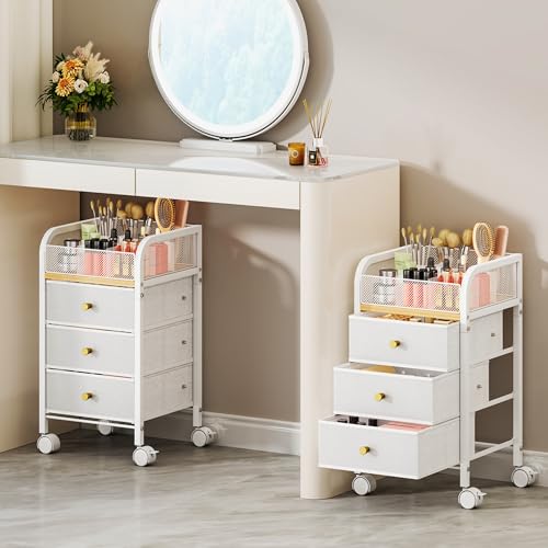 SWTYMIKI Rolling Makeup Organizer Cart - Under Desk Vanity Makeup Storage with 3 Non-woven Drawers, Nail Cart Organizer Cosmetic Display Cases Cabinet for Skin Care Perfume Nail Polish Brush Hair Tool - color: White, size: 4-Tier