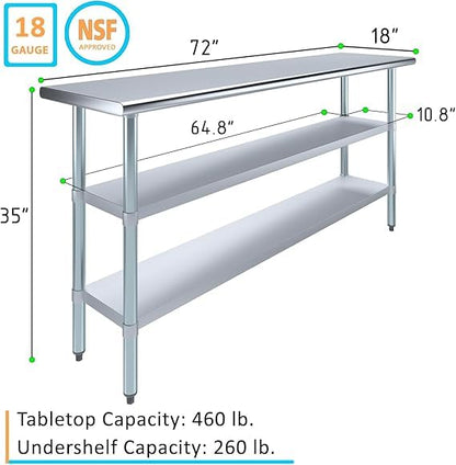 Stainless Steel Work Table with Double Undershelf – Commercial Prep Table for Restaurant, Kitchen, Bakery – NSF Certified (18 x 72) - size: 18x72