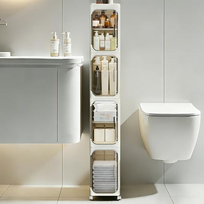 4-Tier Slim Bathroom Storage Cabinet, Tall Narrow Storage Cabinet with Movable Wheels, Adjustable Shelves, Skinny Bathroom Storage Organizer for Small Space, Bathroom, Kitchen, Laundry, Cream White - size: 4-Tiers