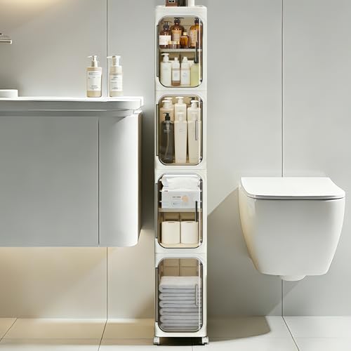 4-Tier Slim Bathroom Storage Cabinet, Tall Narrow Storage Cabinet with Movable Wheels, Adjustable Shelves, Skinny Bathroom Storage Organizer for Small Space, Bathroom, Kitchen, Laundry, Cream White - size: 4-Tiers