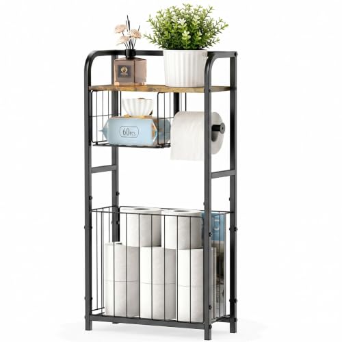 Freestanding Toilet Paper Holder Stand with Storage forSmall Bathroom Space | Holds 9 Spare Rolls, Phone, Wipes & Magazines –Large Capacity Toilet Paper Stand – Toilet Roll Dispenser and Organizer - color: Black