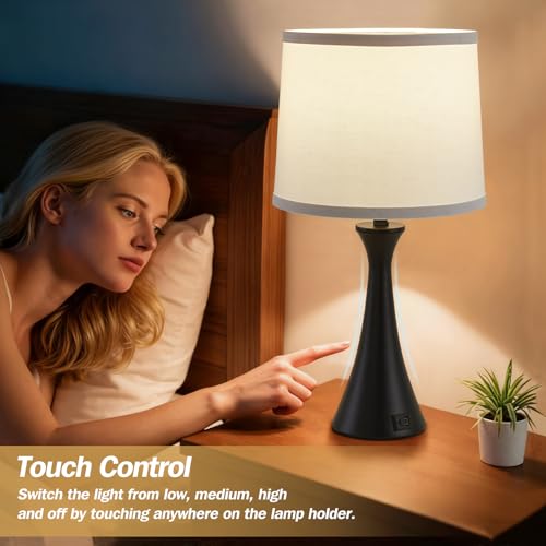 Touch Lamp for Living Room Bedroom, 21" Table Lamps Set of 2 with USB C+A Ports and White Lamp Shades, Touch Bedside Lamps for Nightstand with 3 Way Dimmable, 2 LED Bulbs Included - color: Black & White Shade