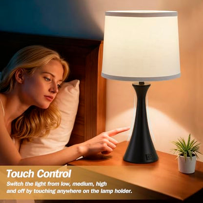 Touch Lamp for Living Room Bedroom, 21" Table Lamps Set of 2 with USB C+A Ports and White Lamp Shades, Touch Bedside Lamps for Nightstand with 3 Way Dimmable, 2 LED Bulbs Included - color: Black & White Shade