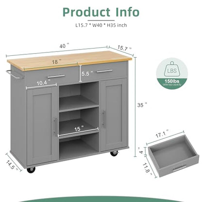 Shintenchi Kitchen Island with Storage, Kitchen Island Cart on Wheels with 3 Open Shelves, 2 Drawers and 2 Cabinets, Rolling Kitchen Table with Large Countertop, Gray - color: Silver