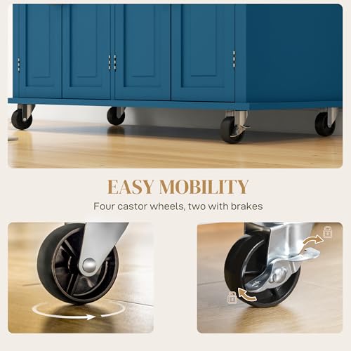 HOMCOM Kitchen Island Cart with Solid Wood Top 44" Mobile Turquoise | Kitchen Island Table, on Wheels, Storage Cabinets, 2 Drawers, Adjustable Shelves, Spice Rack & Towel Bar, for Dining Room - color: Turquoise