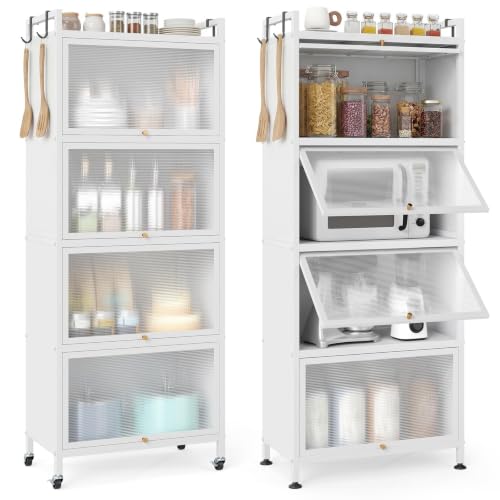 GIANTEX 5-Tier Kitchen Storage Cabinet, 4 PC Doors, Rolling Wheels, White | Mobile Metal Pantry Cabinet with 4 Hooks & Adjustable Feet, 60" Baker's Rack Microwave Stand for Dining & Living Room - color: White, size: 23.5"Lx12.5"Wx60"H