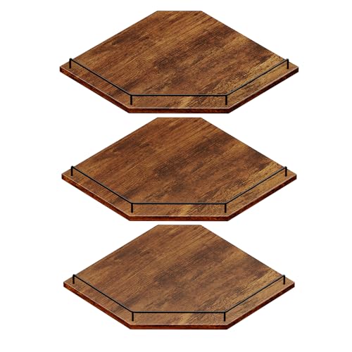 JJL Corner Shelf Wall Mounted, 12 Inches 3-Tier Floating Corner Shelf, Hexagon Rustic Wood Decor with Fence, Brown Storage Organizer for Apartment Bedroom Kitchen Bathroom - color: Rustic Brn, size: Hex 3-Tier